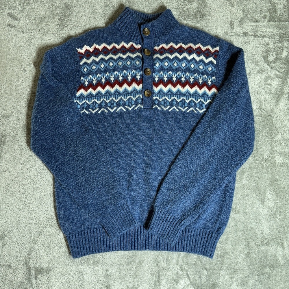 IZOD Sweater Mens Medium Blue Fair Isle Pullover Button Neck Winter Knit Cotton